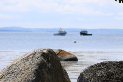 Sailboats on rock in sea against sky