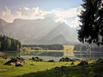 Scenic view of lake and mountains against sky