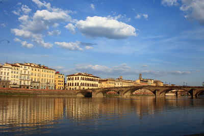 Arch bridge over river against sky in city