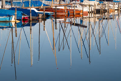 Reflection of fishing boats in lake