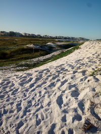 Scenic view of beach against clear sky