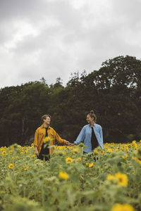 Couple on flowering sunflower field