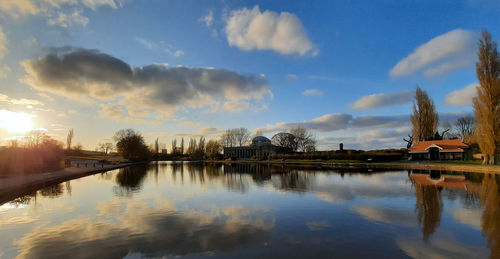 Panoramic view of lake against sky during sunset