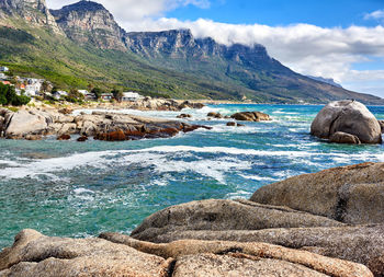 Scenic view of lake and mountains against sky