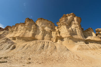 Low angle view of rock formations against clear blue sky