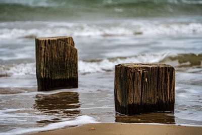 Wooden groynes by sea