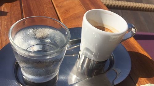 High angle view of coffee served on table