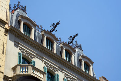 Low angle view of building against clear blue sky