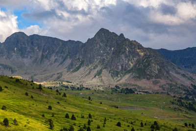 Scenic view of mountains against cloudy sky