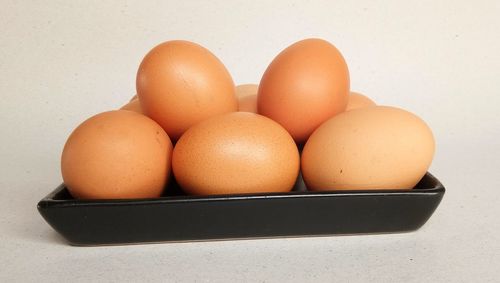 Close-up of eggs against white background