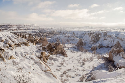 Aerial view of snow covered land against sky