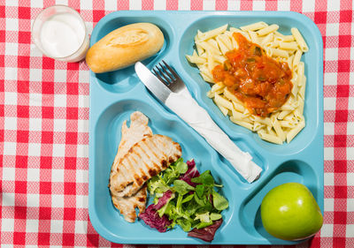 High angle view of breakfast served on table