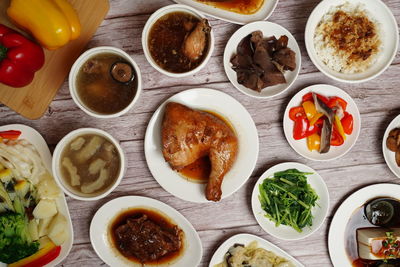 High angle view of breakfast on table