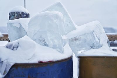 Close-up of snow on landscape against sky