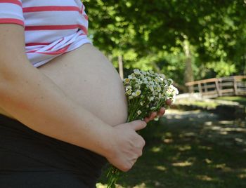 Midsection of pregnant woman holding bouquet 