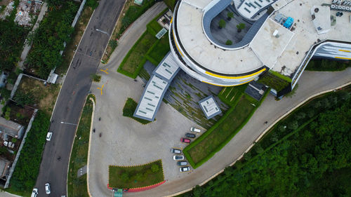 High angle view of road amidst buildings in city