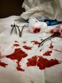 Blood on cotton swab and surgical scissors