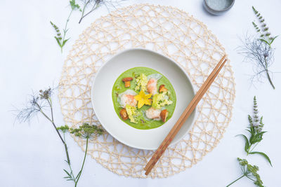 High angle view of food served in bowl on table