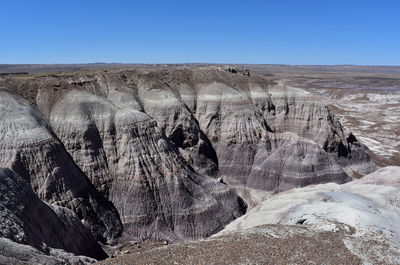 View of eroded sandstone walls down into a canyon in arid arizona.