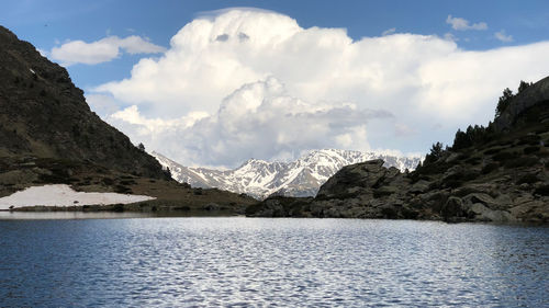 Scenic view of lake and mountains against sky