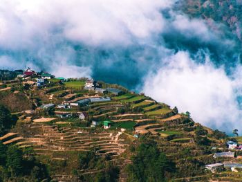 High angle view of buildings against sky