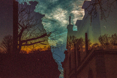 Bare trees and buildings against sky