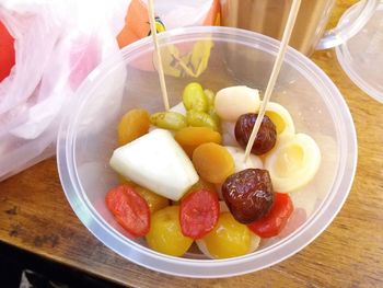 High angle view of fruits in bowl on table