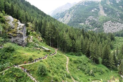 View from above of a group of people walking in a mountain footpath, lillaz, aosta valley, italy