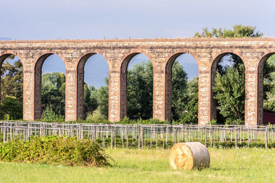 View of arched structure on field against clear sky