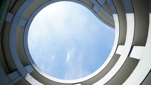 Low angle view of sky seen through while in parking building 