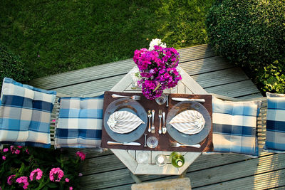 Directly above shot of dining table at yard