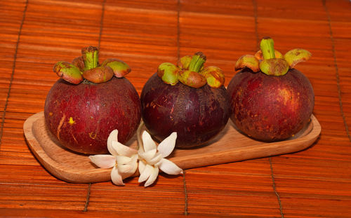 High angle view of food on wooden table