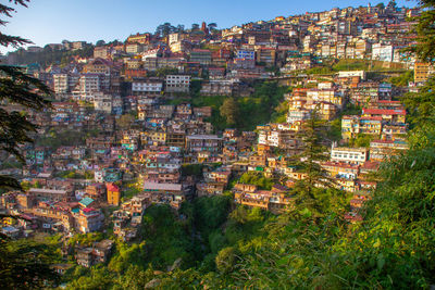 Mountainside view of historic shimla, lying in the himalayas in india