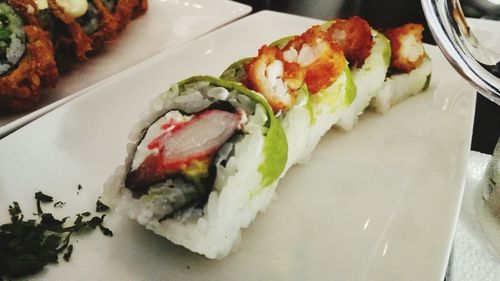 Close-up of sushi served in plate