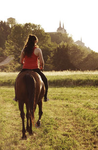 Woman riding horse on field