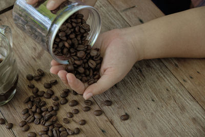 High angle view of coffee beans on table