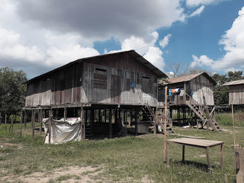 Old barn on field against sky