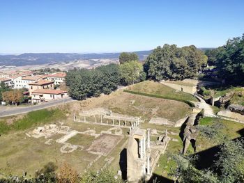 High angle view of building against clear sky