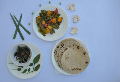 High angle view of breakfast on table