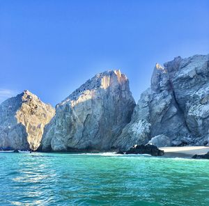 Scenic view of sea against clear blue sky