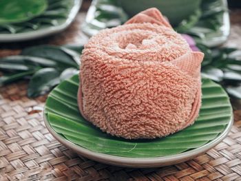 Close-up of dessert served on table