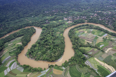 High angle view of agricultural field in city