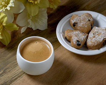 High angle view of coffee served on table