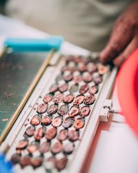 High angle view of person preparing food on table