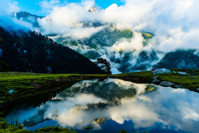 Scenic view of mountains against cloudy sky