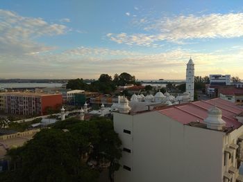 High angle view of buildings against sky