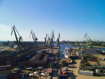 Panoramic view of harbor against clear sky