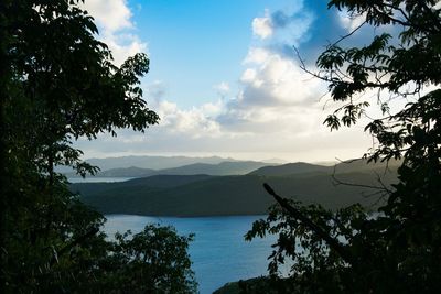 Scenic view of lake and mountains against sky