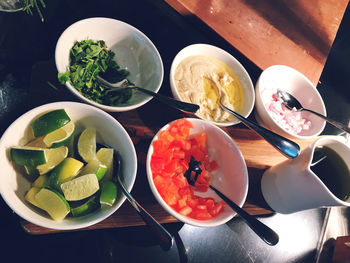 High angle view of breakfast served on table