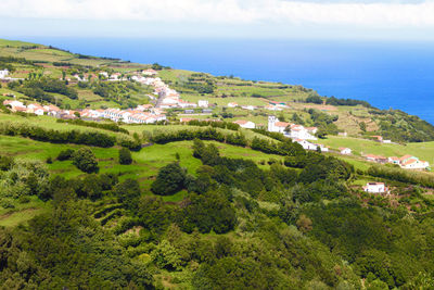 High angle view of trees and sea against sky